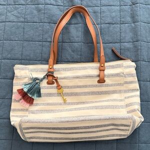 Fossil Cream and Gray Striped Tote with Tassel